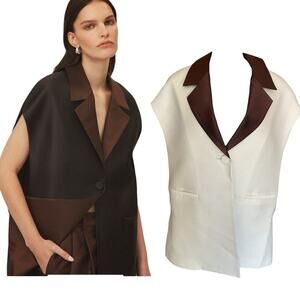 NWT Amir Taghi Silk Wool Bow Tie Blazer Vest Size 2 White Brown